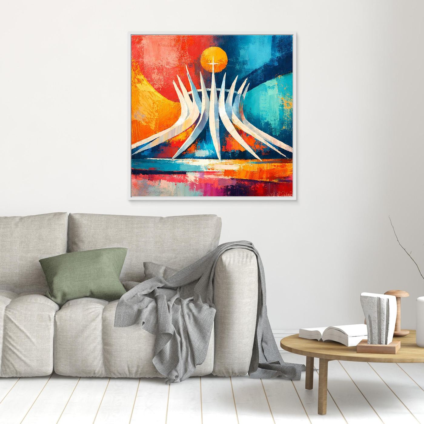 Hängendes abstraktes Leinwand-Wandbild mit Sonne und Kathedralenform im Wohnzimmer, weiß gerahmt