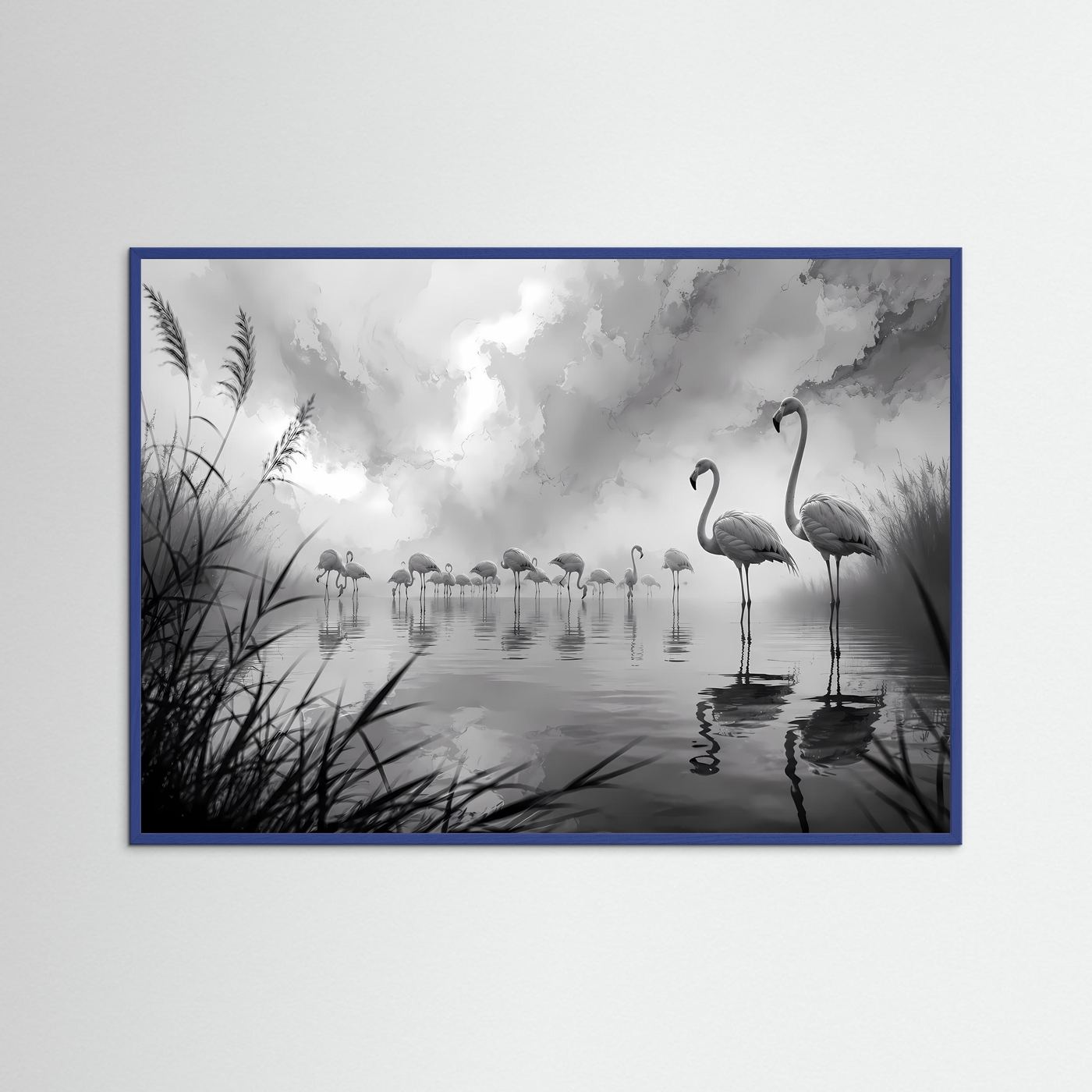 Flamingos im Nebel Schwarz-Weiß | Elegante Natur Wandkunst