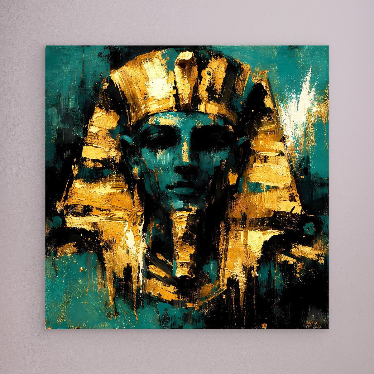 Leinwand-Wandbild mit abstrahiertem Pharao in Türkis und Gold, ohne sichtbaren Rahmen