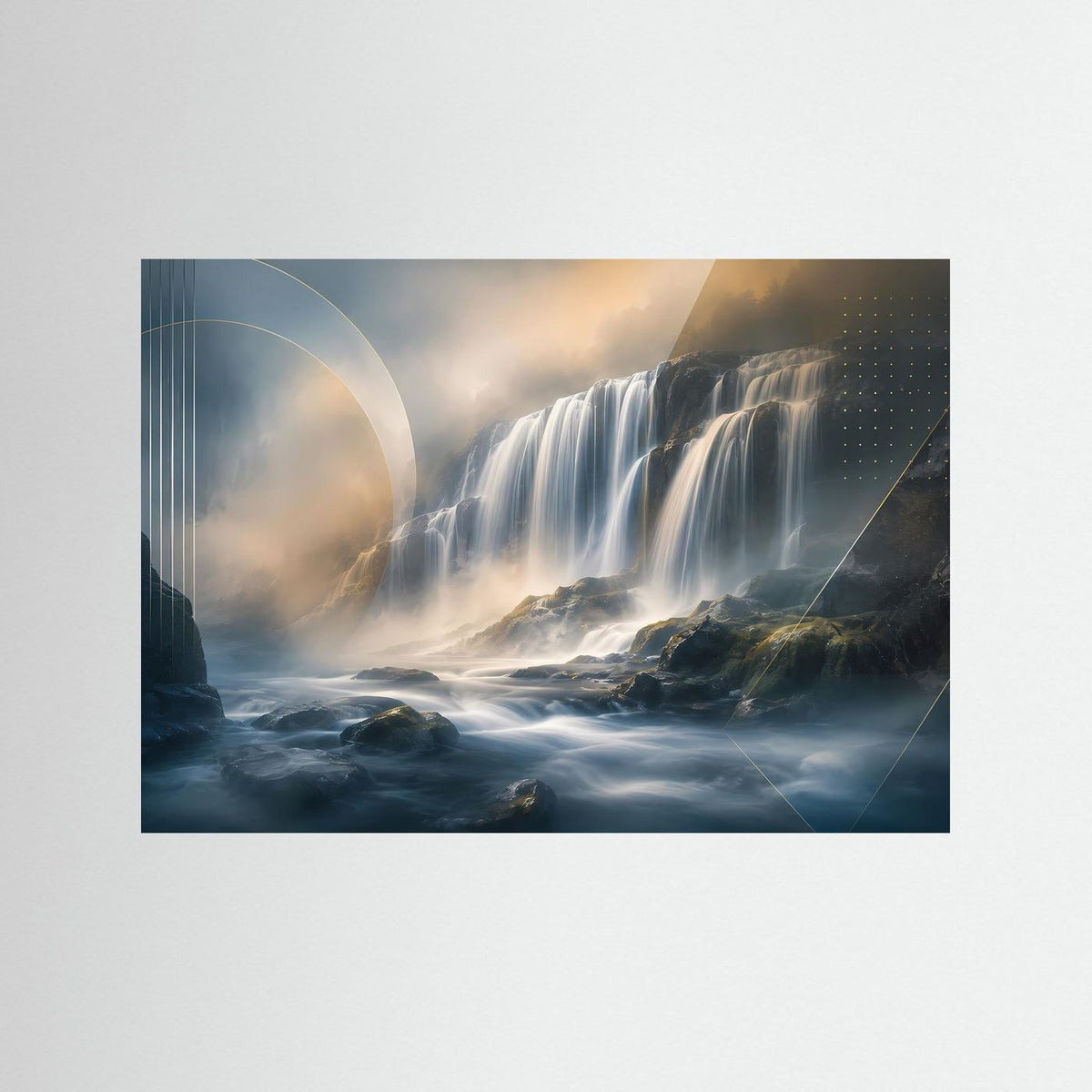Querformat-Poster mit Wasserfall-Motiv in Blau, Gold und Nebel über Felsen
