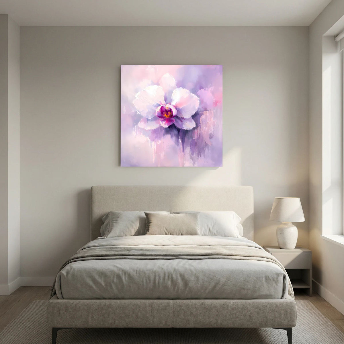 Leinwand-Wandbild Orchideenblüte in Pastellviolett und Pink, klare Blütenform