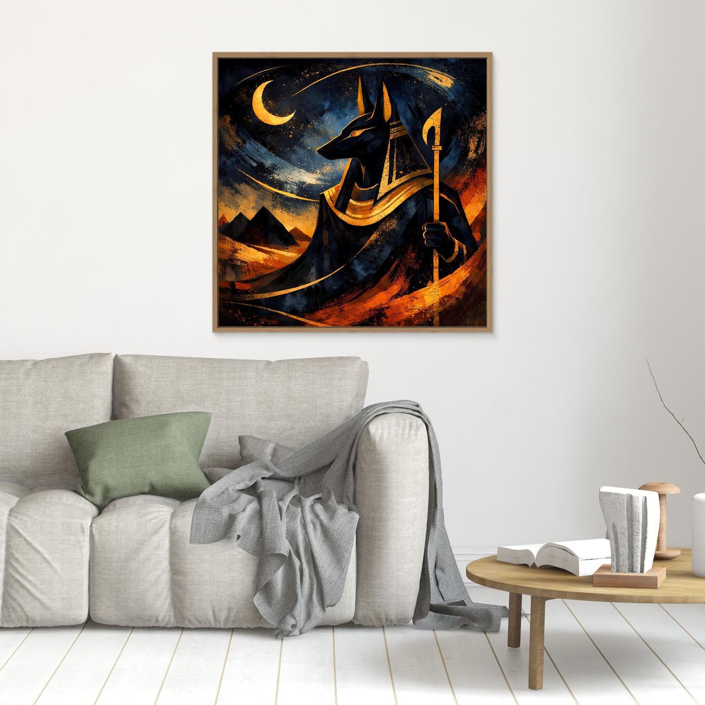Kleines Leinwand-Wandbild mit braunem Rahmen: Anubis mit Fackel und Mondsymbol