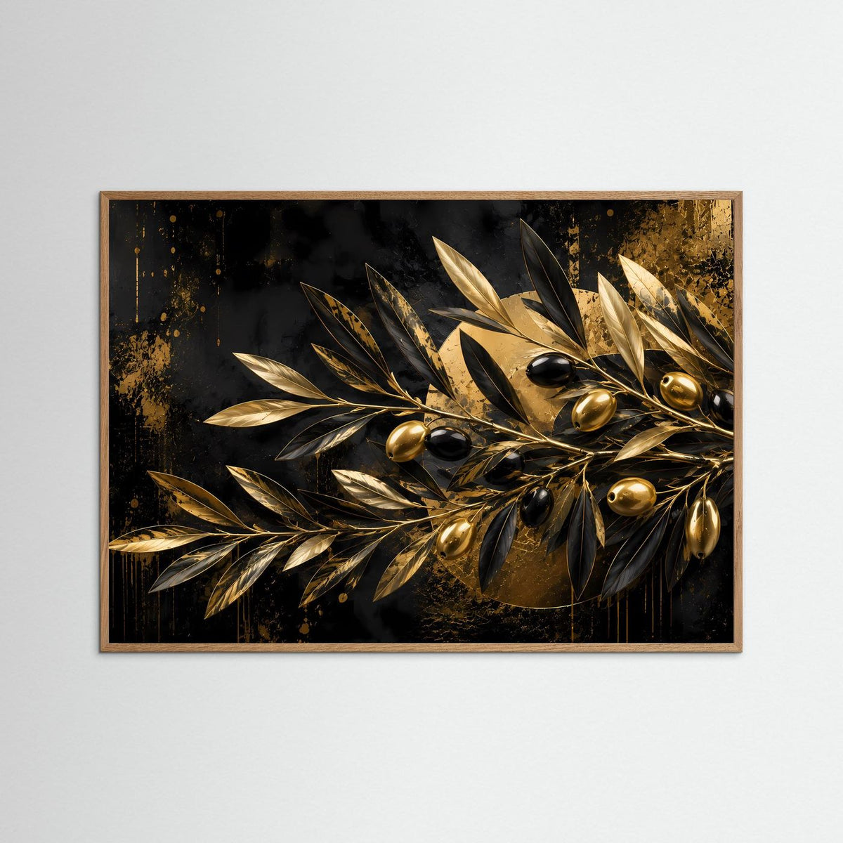 Abstraktes Poster mit goldenem Olivenzweig auf dunklem Hintergrund im naturfarbenen Holzrahmen