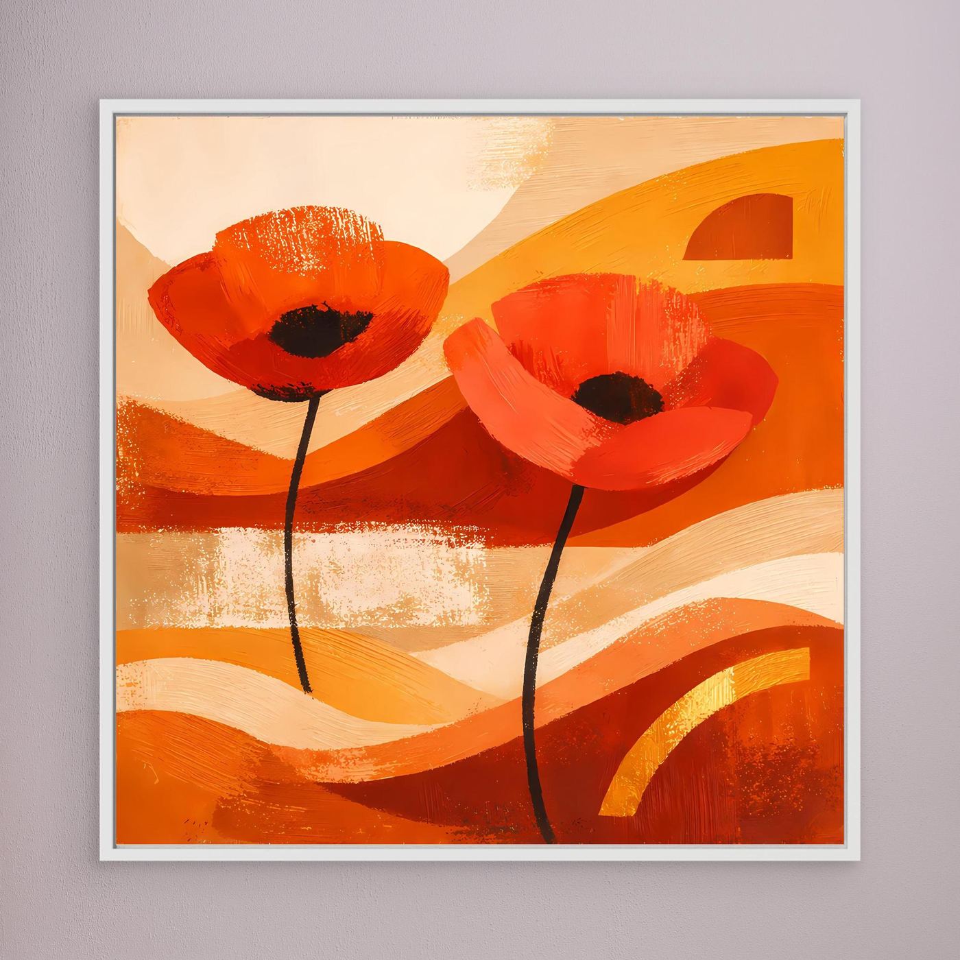 Leinwandbild mit abstrakten roten Mohnblumen und Orangestreifen im hellen weißen Rahmen