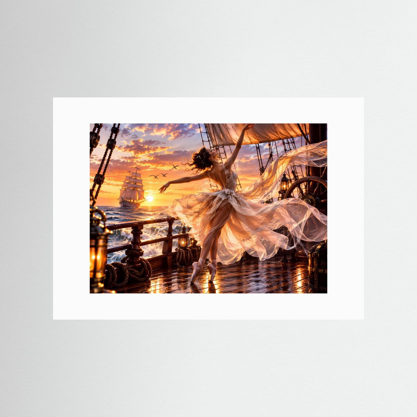 Ballerina auf Segelschiff Poster | Romantische Meereskunst | Sonnenuntergang Wandbild | Elegante Tanzkunst | Premium Leinwandbild