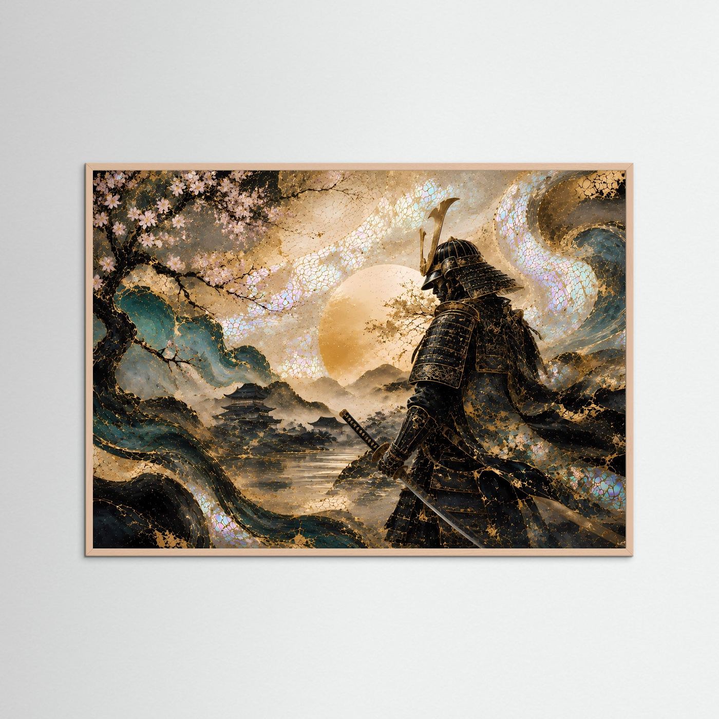 Gerahmte Wandkunst: Samurai in Rüstung, Kirschblütenzweig, goldene Landschaft, rosé Holzrahmen
