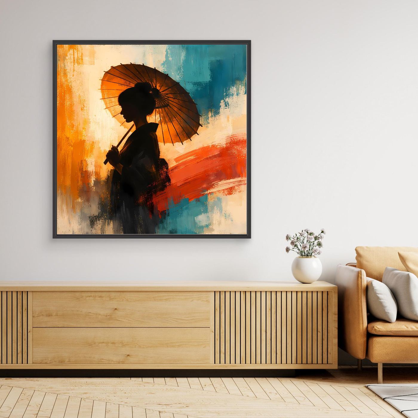 Leinwand Elegante Frau mit Sonnenschirm | Ästhetisches Japanisches Wandbild auf Keilrahmen
