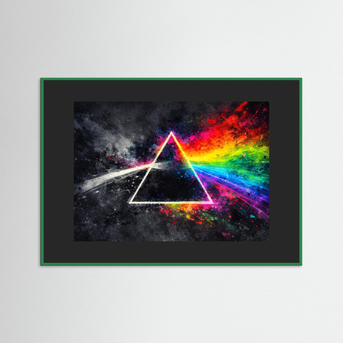 Gerahmtes Wandbild mit Regenbogen-Prisma und leuchtendem Dreieck, grüner Rahmen