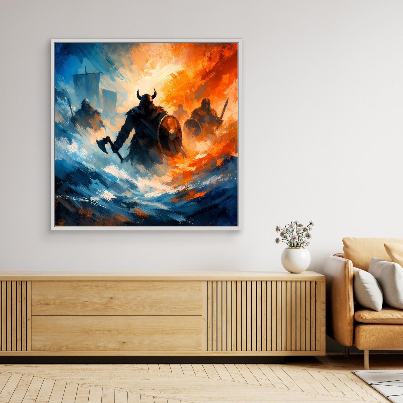 Gerahmtes Leinwandbild mit Wikingerkriegern im Sturm, kräftige Blau-Orange-Flächen