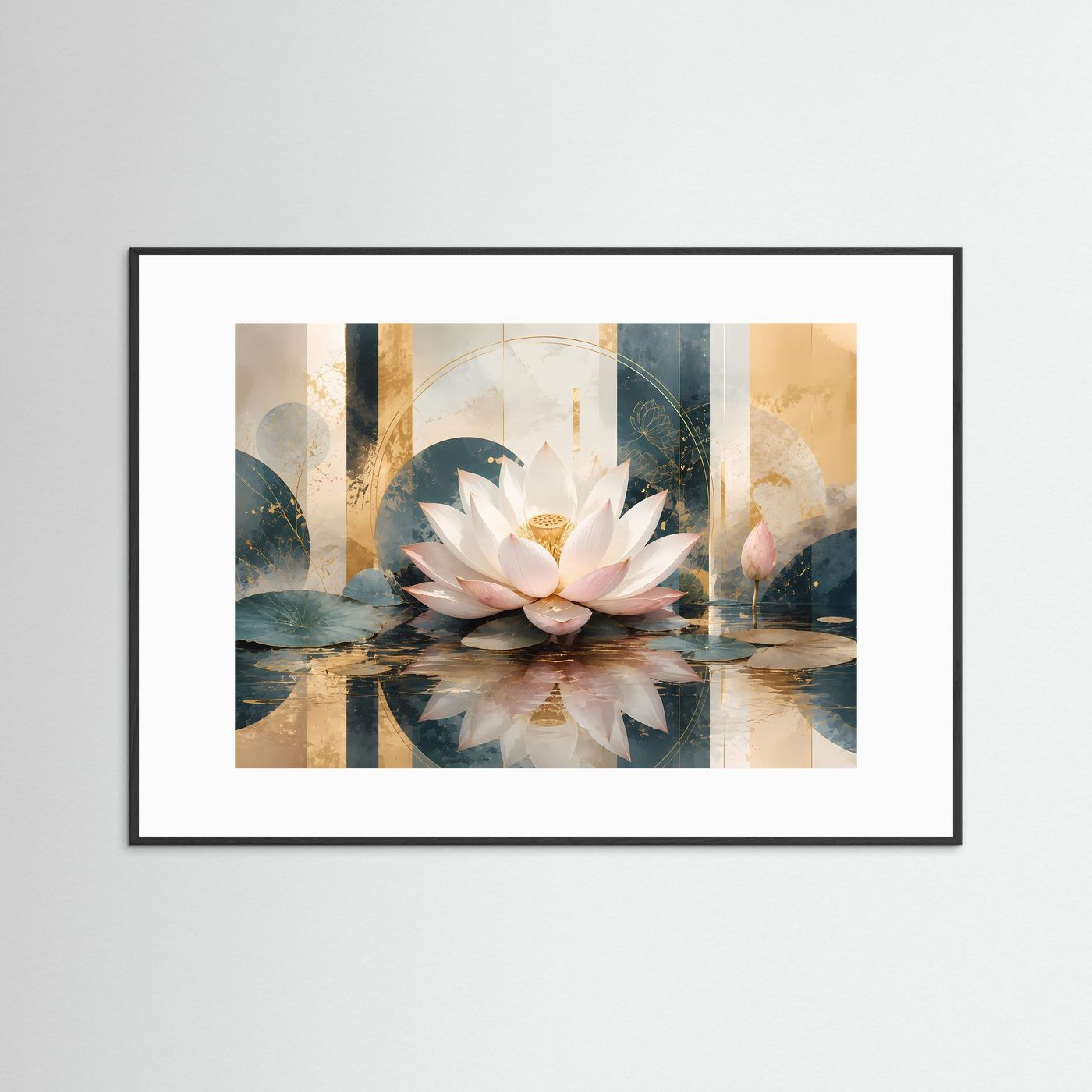 Gerahmtes Querformat-Poster mit Lotusblüte auf Wasser, schwarzer Rahmen und weißer Rand