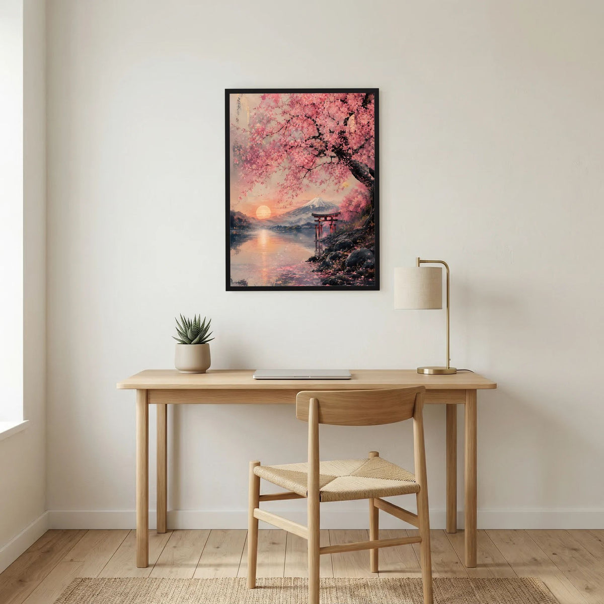 Gerahmtes Wandposter mit Kirschblüten, Torii und Fuji über ruhigem Wasser