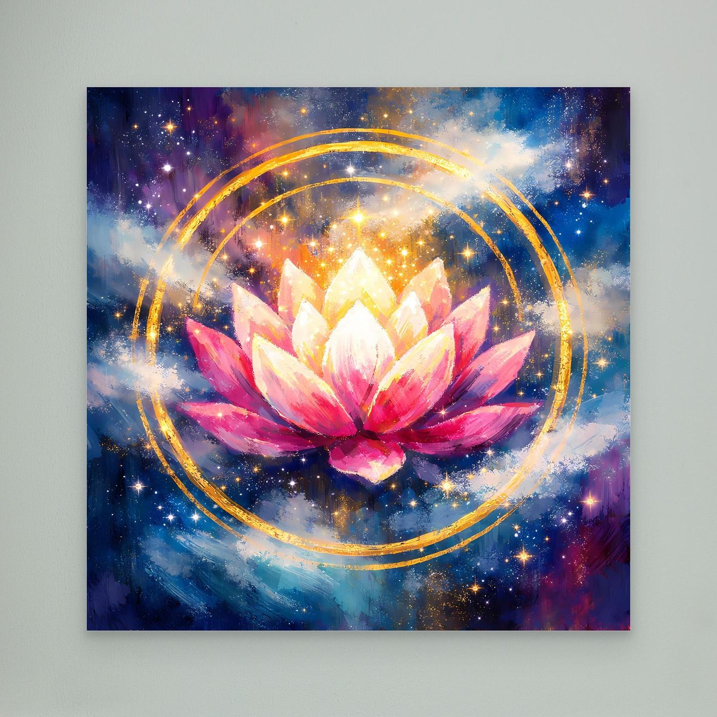 Wandbild aus Leinwand mit großer Lotusblüte, goldenen Kreisen und Sternen