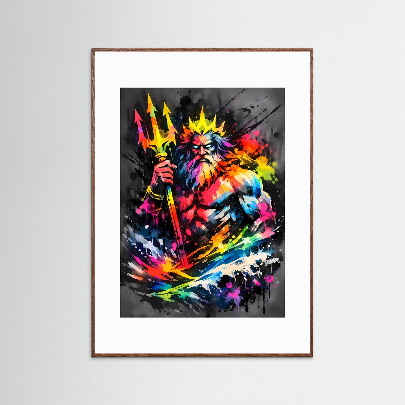 Herrscher der Meere | Abstraktes Poseidon & Neptun Mythologie Poster in Neonfarben | Modernes Gott Kunstposter Hochformat