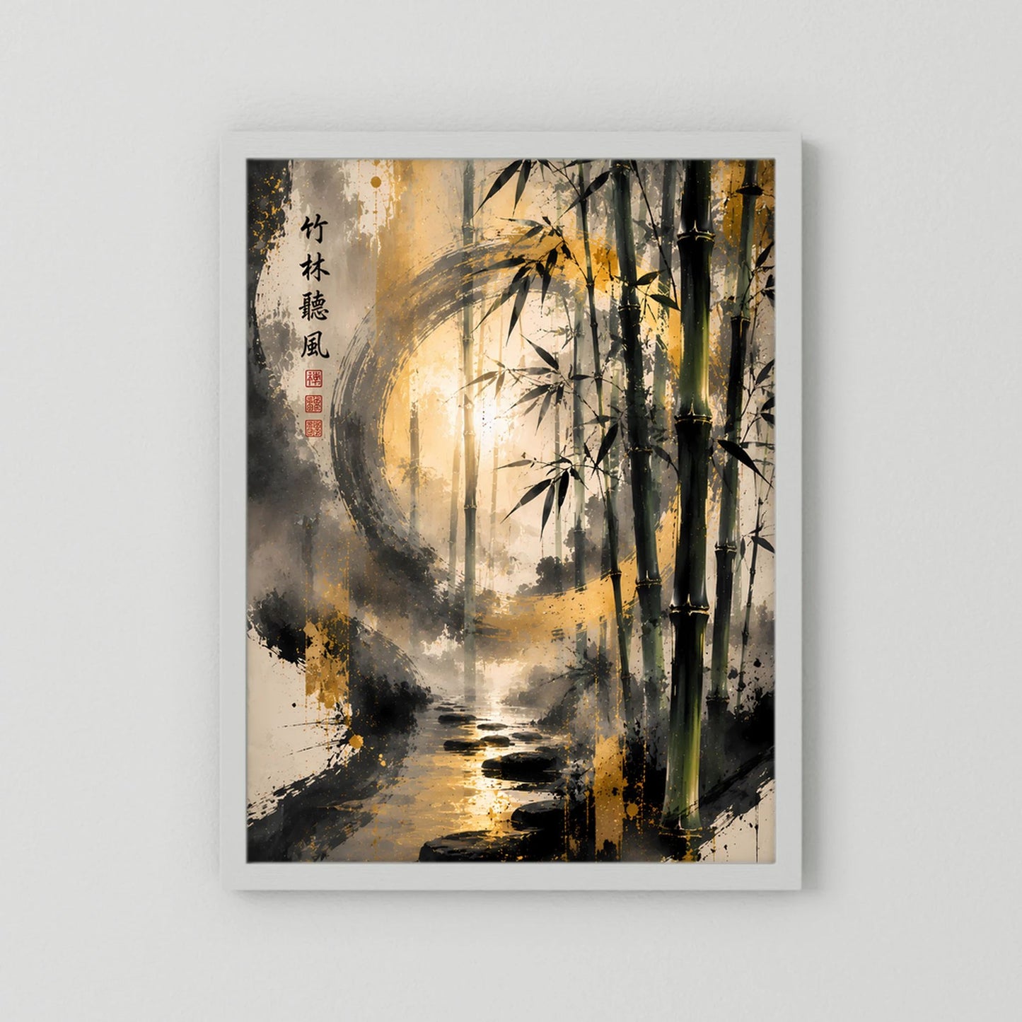 Kunstposter Hochformat mit Bambus-Zen-Landschaft, goldene Lichtstimmung, weißer Rahmen