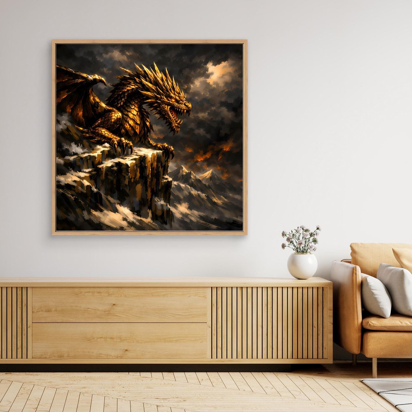 Leinwand Goldener Drache auf Felsgipfel | Episches Fantasy-Wandbild auf Keilrahmen