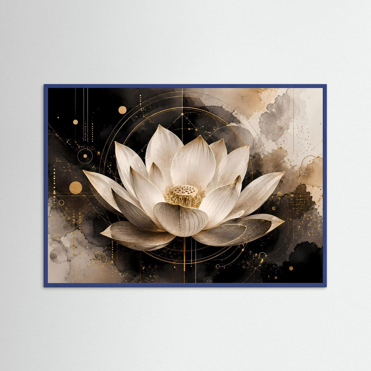Querformat-Poster mit Lotusblüte in Weiß, Schwarz und Gold im blauen Rahmen