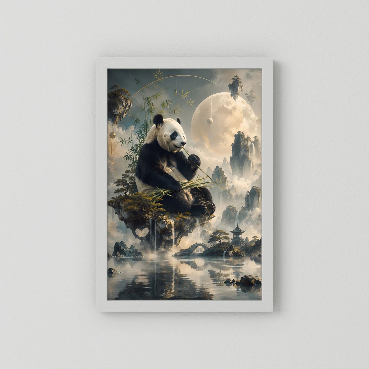Kunstposter im Hochformat mit Panda auf Fels, Mond und Bergkulisse, ohne Holzrahmen