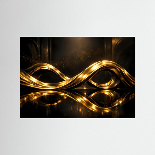 Querformat-Wandbild mit goldenen Unendlichkeitswellen im schwarzen Rahmen