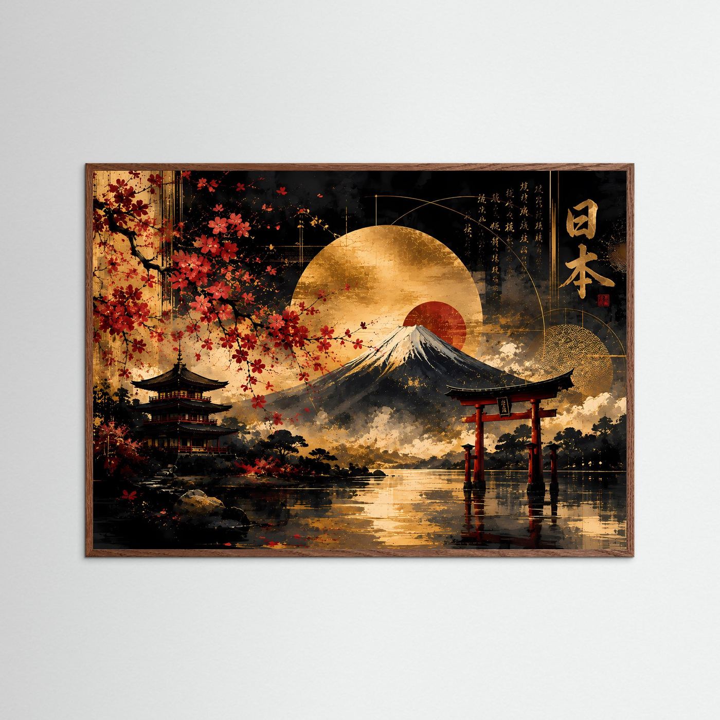 Japanische Landschaft mit Fuji, Kirschblüten und Torii | Goldene Sonne über Pagode und Wasser | Asiatische Wandkunst in Schwarz, Gold und Rot im Querformat