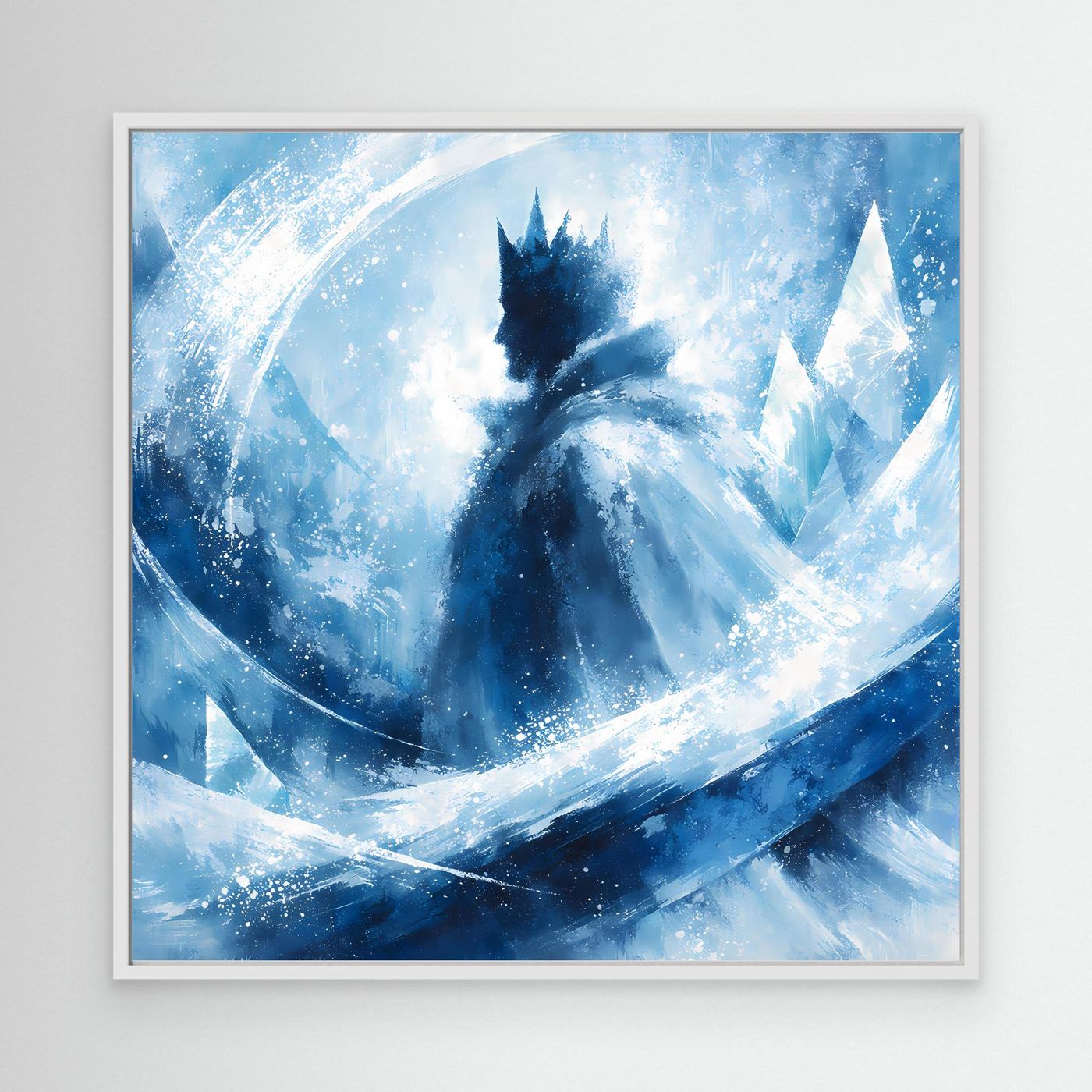 Leinwandbild mit abstraktem Wintermotiv Blau im weißen Rahmen, Eiskönigin-Silhouette