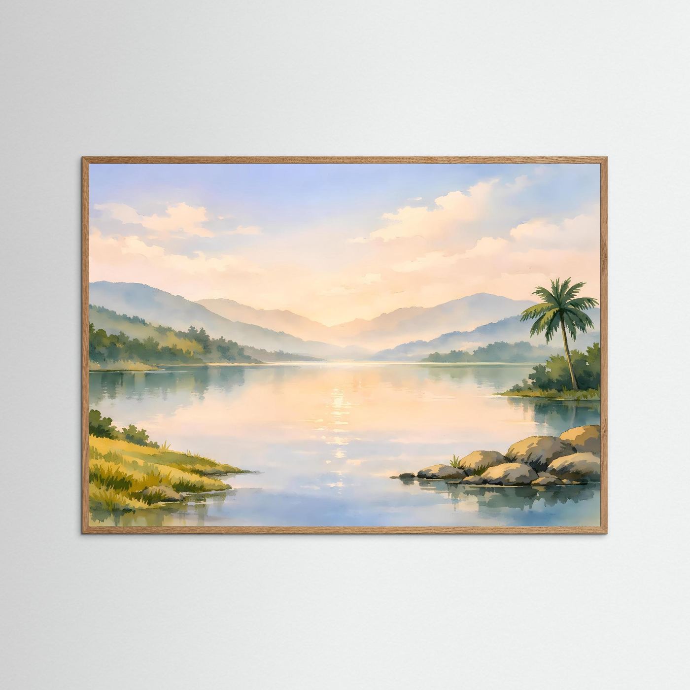 Natur-Poster mit hellem Holzrahmen, aquarellierte Tropenlandschaft mit Wasserfläche