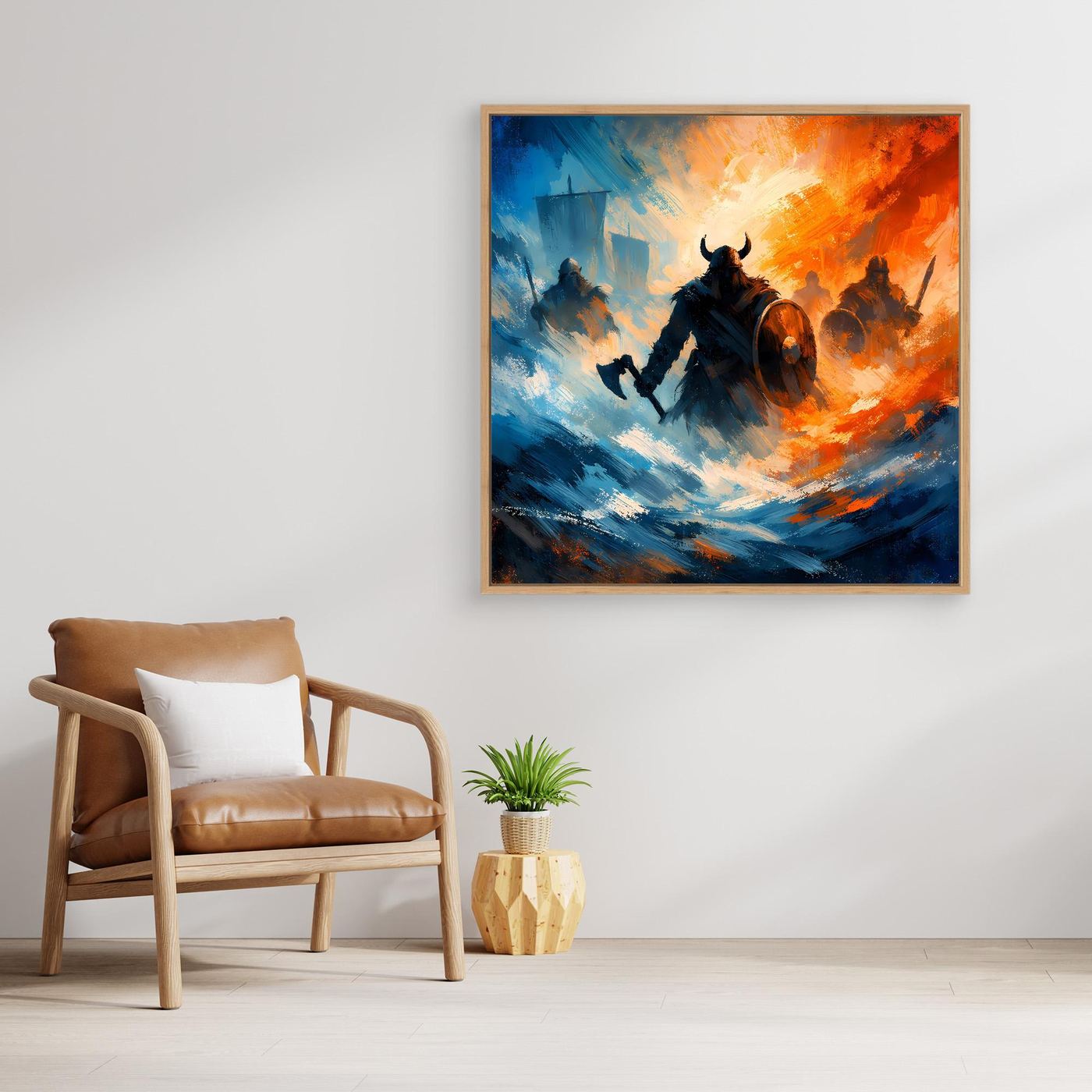 Leinwandbild mit Wikingerkrieger im Angriff, Holzrahmen; Hintergrund in Blau und Orange
