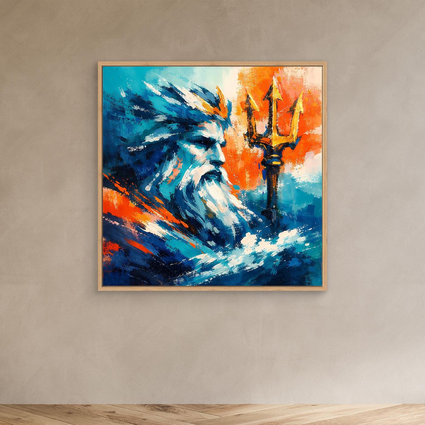 Abstract wall canvas with oak frame, blue bearded figure on orange background
