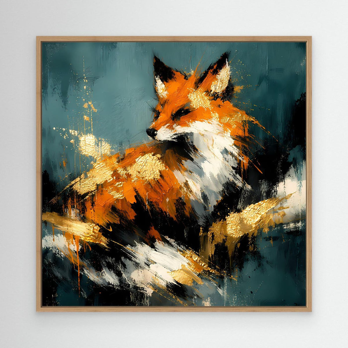 Leinwand-Wandbild mit Rahmen: abstrakter Fuchs in Orange, Weiß und Gold