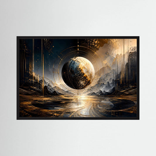 Abstrakte Weltkugel Poster | Gold Schwarz Moderne Wandkunst | Futuristische Planetensphäre | Luxus Fine Art Kunstdruck