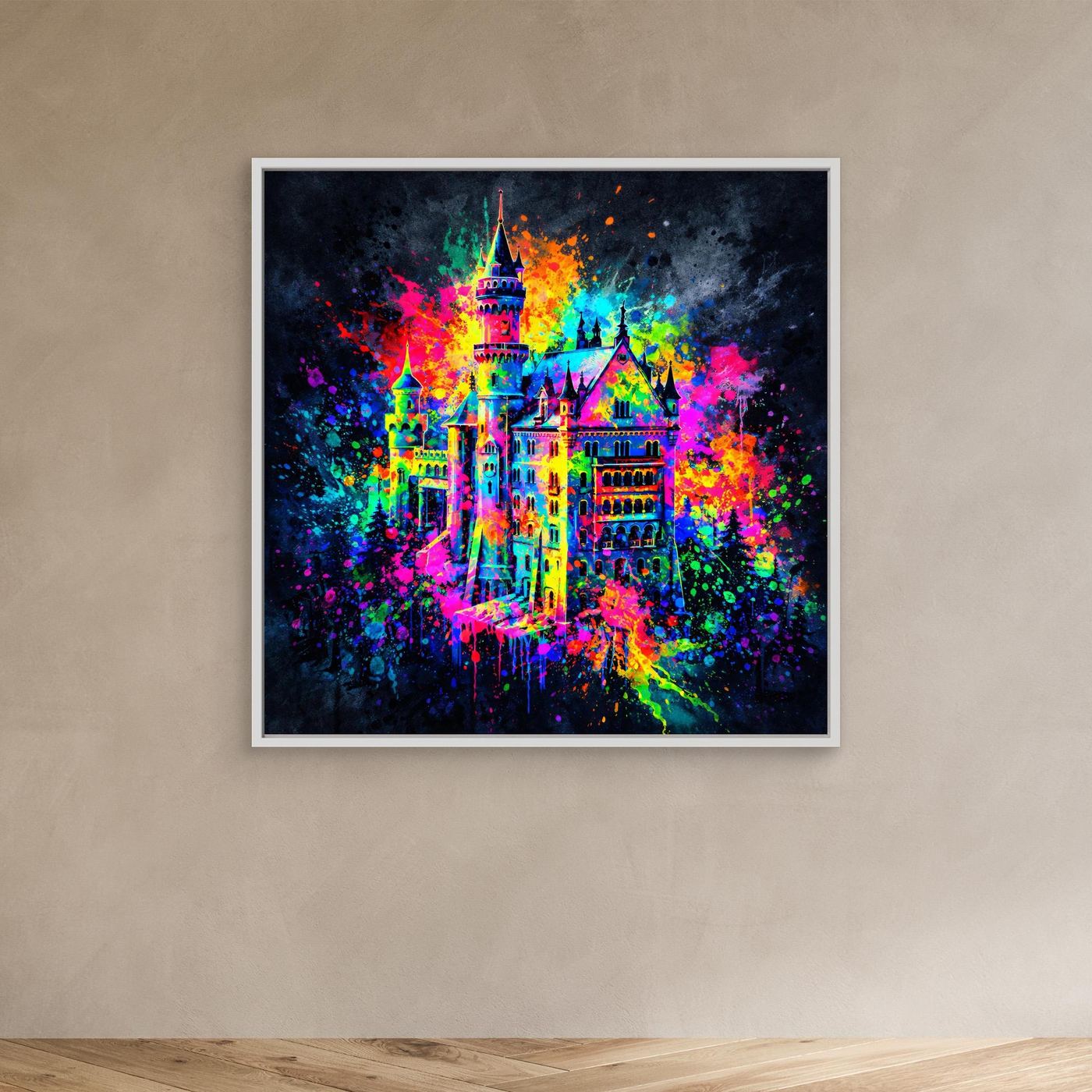 Leinwandbild mit bunter Graffiti-Schlossillustration, weiß eingefasst
