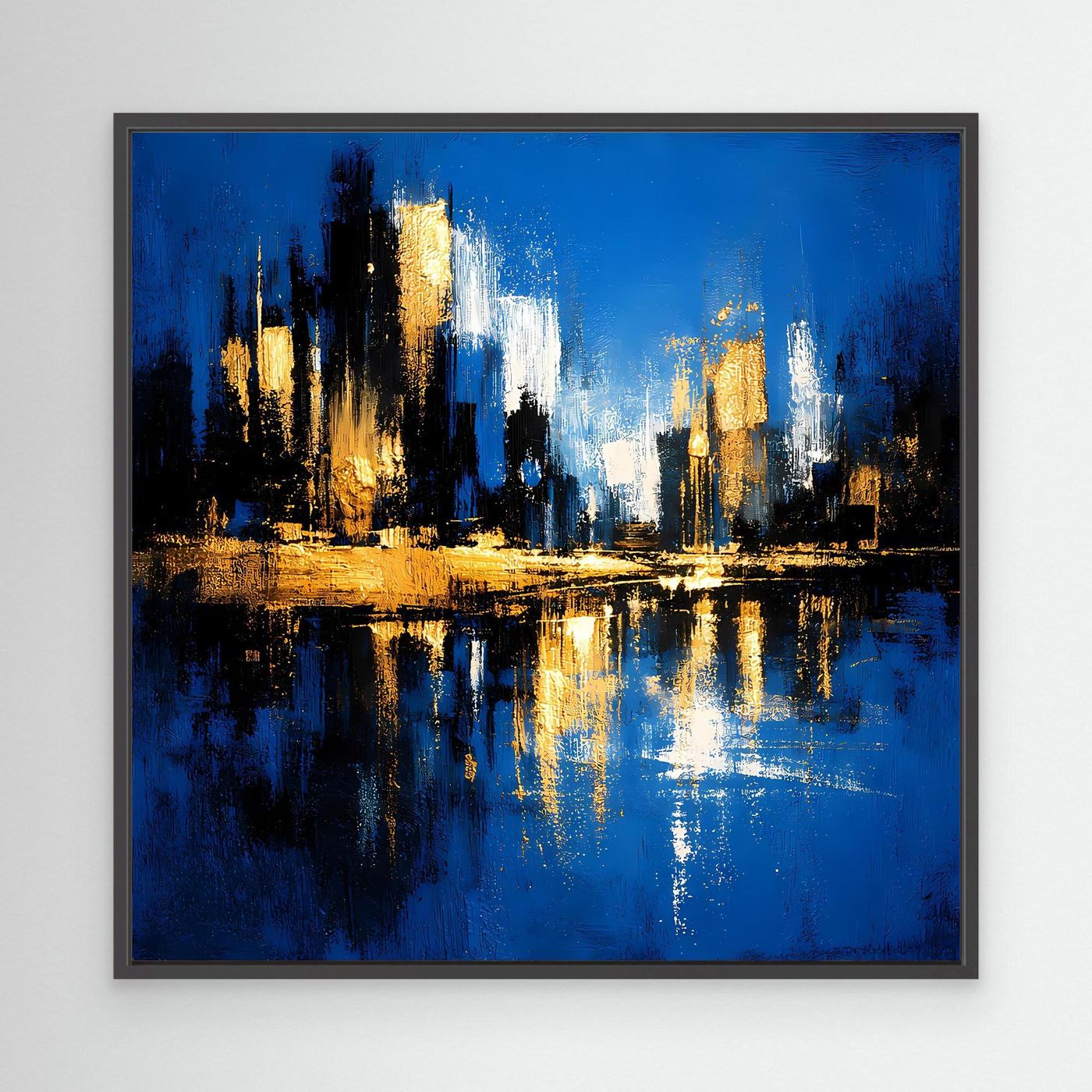Leinwand Abstrakte Skyline in Blau und Gold | Modernes Großstadt Wandbild mit Spiegelung