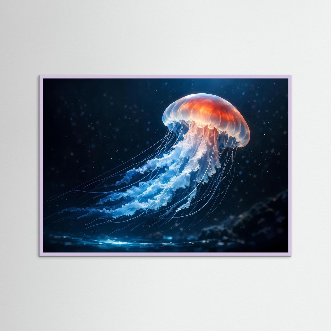 Poster Querformat mit leuchtender Qualle im Tiefsee-Panorama, violette Einfassung
