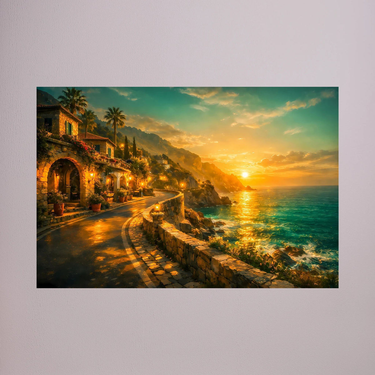 Wandbild im Querformat mit Küstenlinie und goldenem Abendhimmel