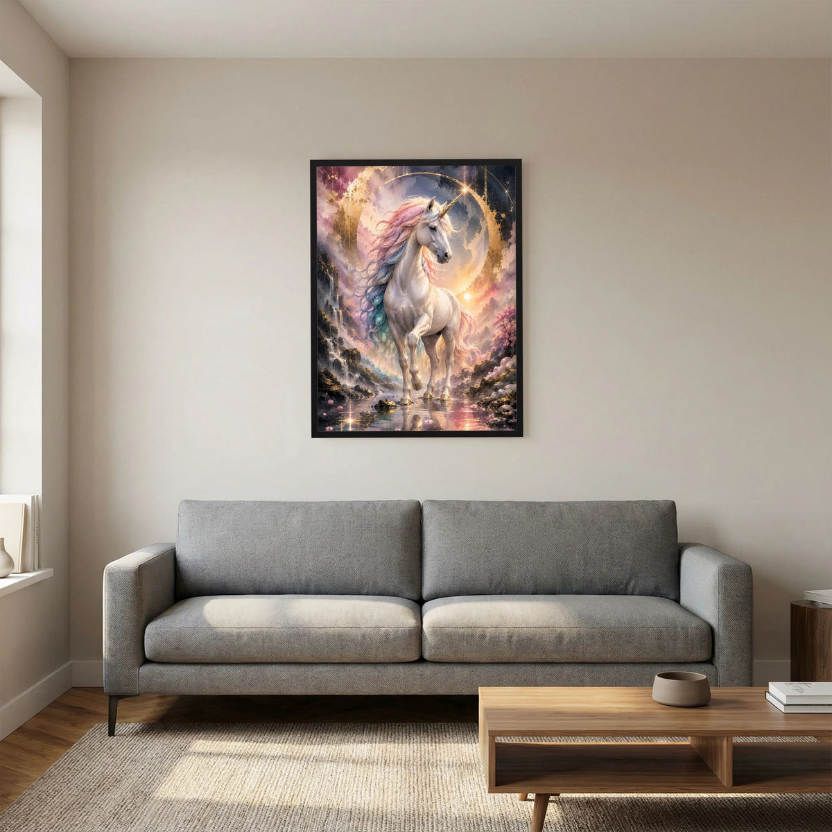 Gerahmtes Hochformat-Poster mit Einhorn in Pastell, goldene Akzente um Kopf und Körper