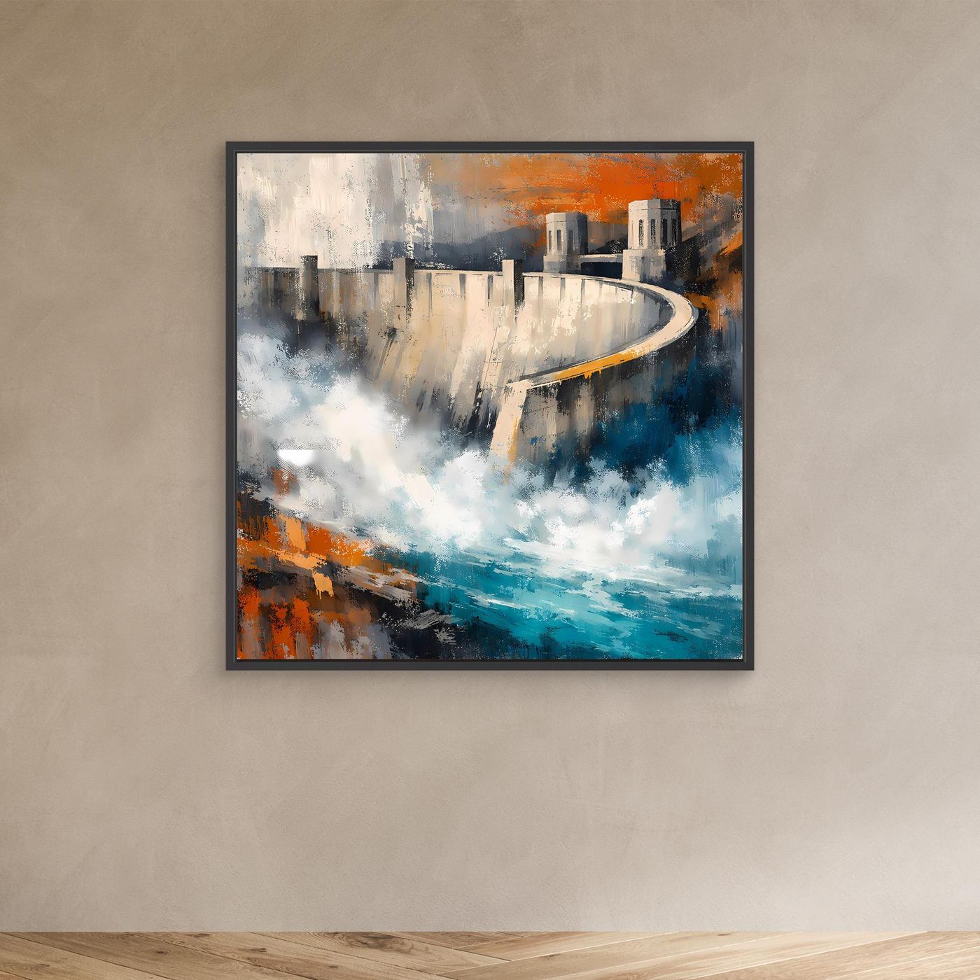 Abstraktes Leinwandbild Talsperre mit Damm, schwarzer Rahmen und Blau-Orange-Grau