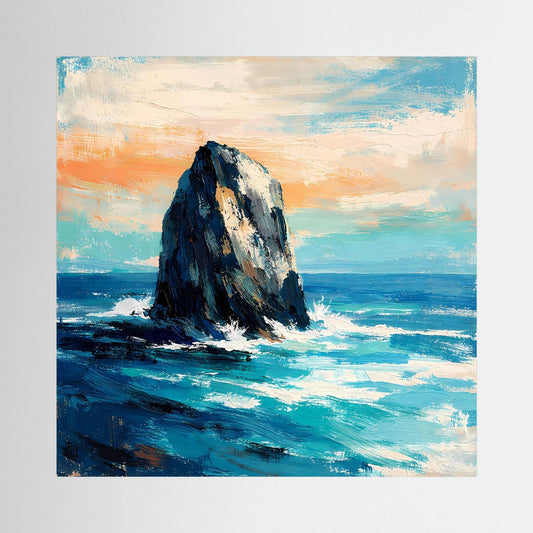 Quadratisches Leinwandbild: Felsen in der Brandung, blaues Meer und orangefarbener Himmel.