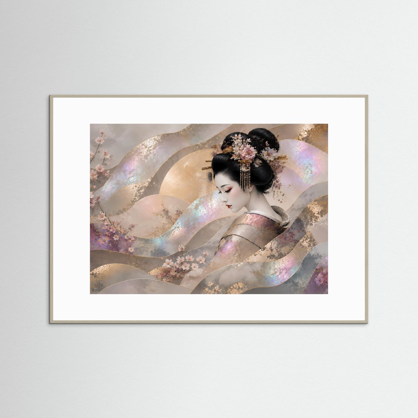 Japanische Wandkunst mit Geisha und Kirschblüten, grauer Rahmen, weißes Passepartout