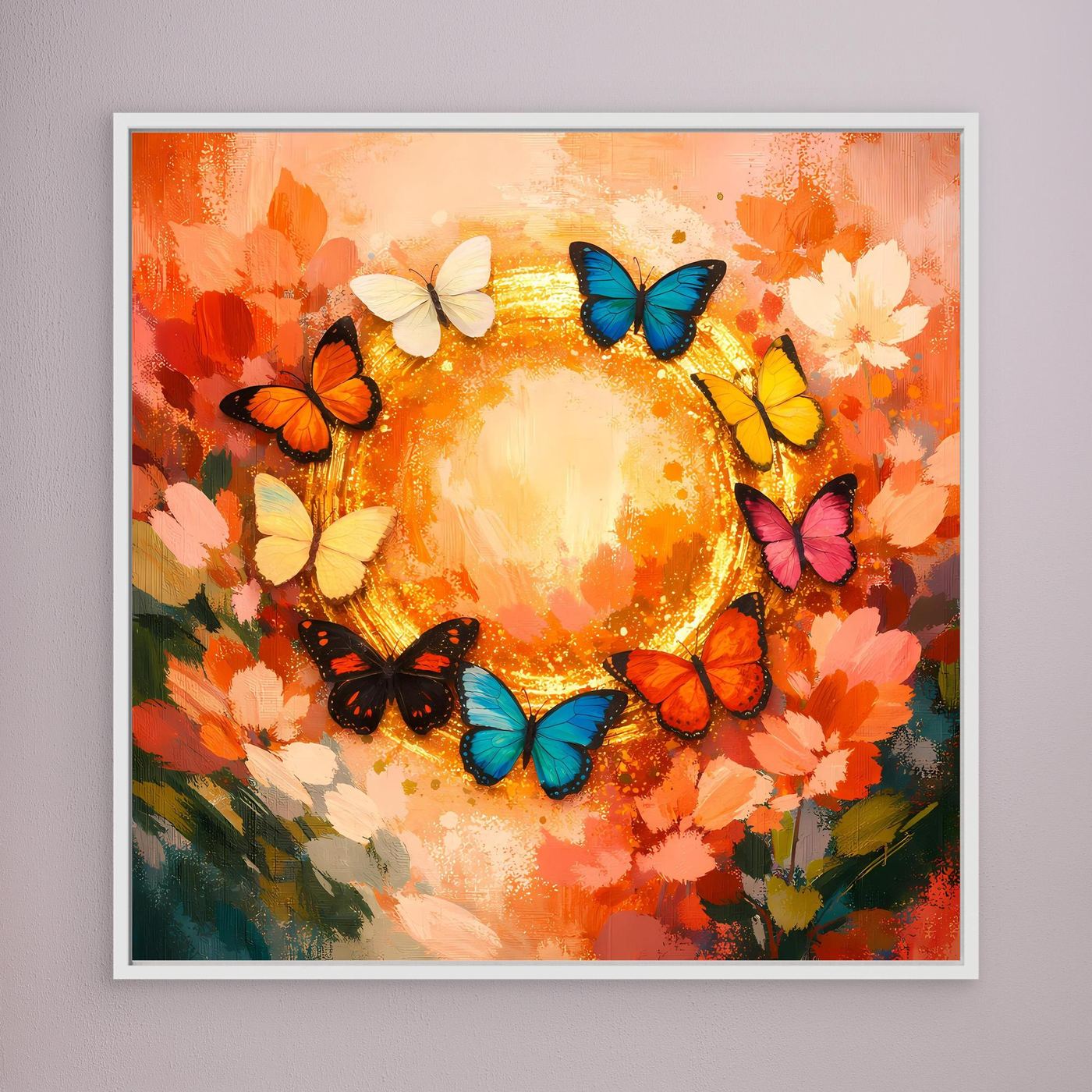 Leinwandbild mit Schmetterlingskreis: bunte Schmetterlinge um goldenen Mittelkreis, orange Blumen, weißer Rahmen