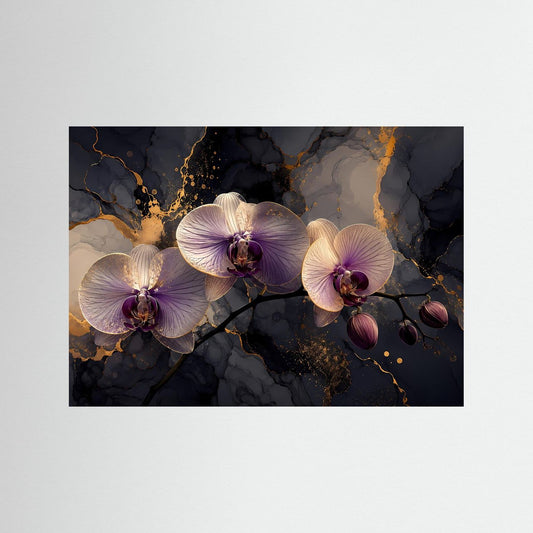 Wandbild mit Phalaenopsis-Orchideen in Flieder und Gold auf dunklem Hintergrund