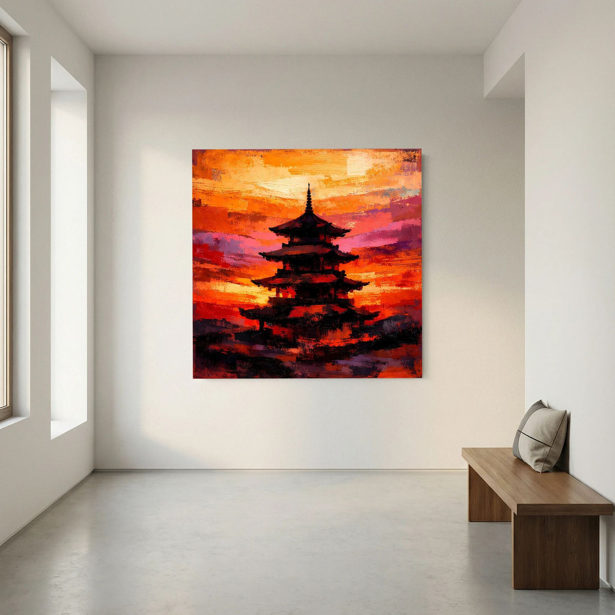 Leinwandbild mit japanischer Pagode als dunkle Silhouette, abstrakter Himmel in Orange und Pink
