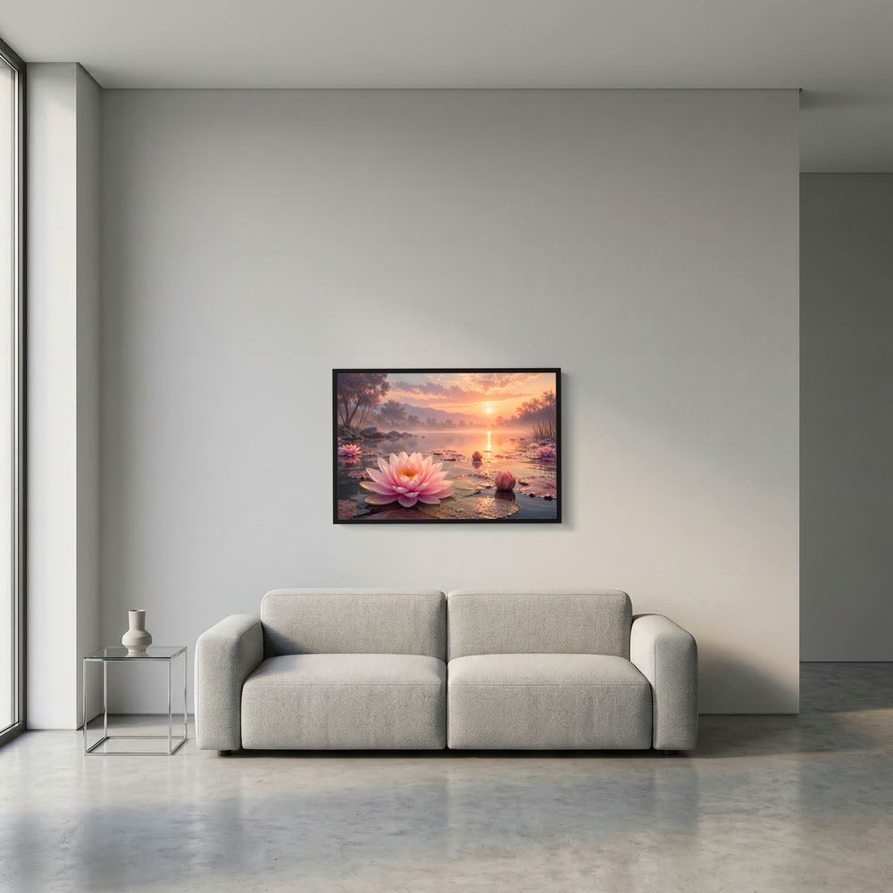 Wandposter im Querformat mit rosa Seerose am See bei Sonnenuntergang, schwarzer Rahmen