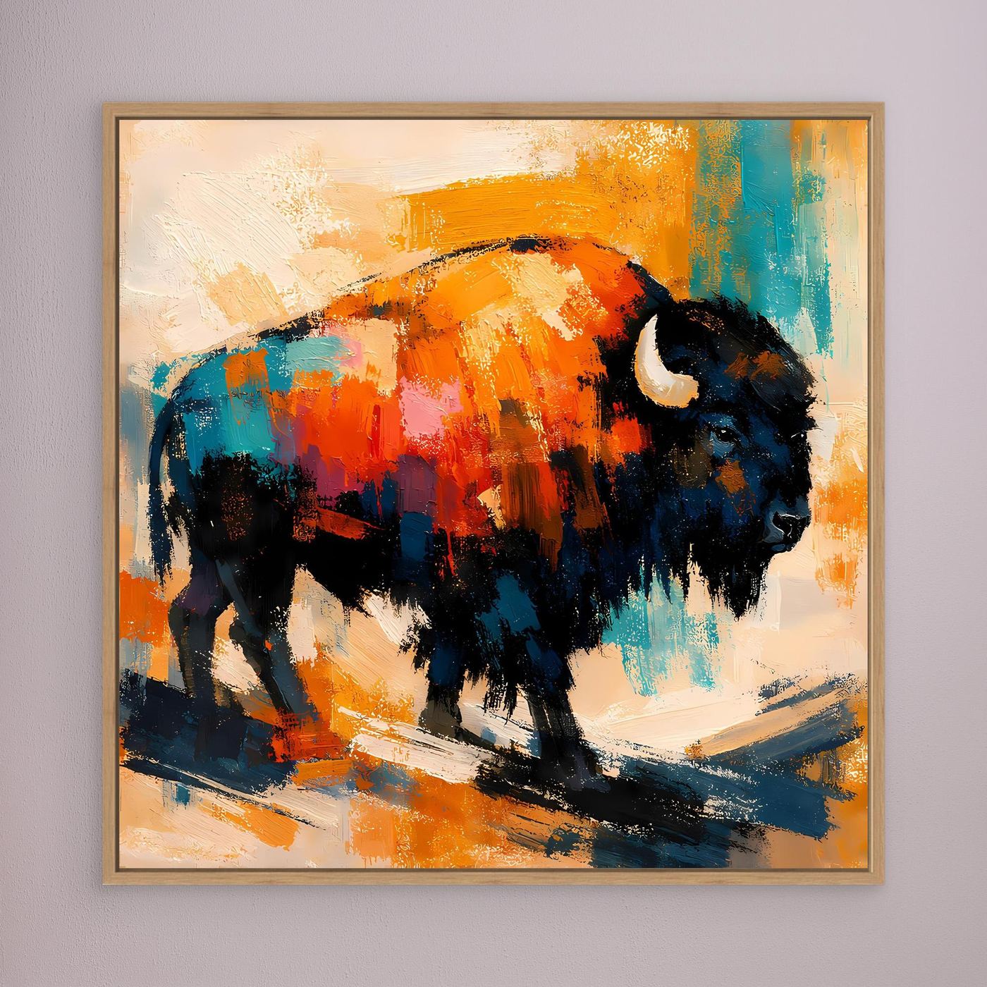 Abstract bison canvas wall art with dark bison form and orange, teal, and blue brush texture