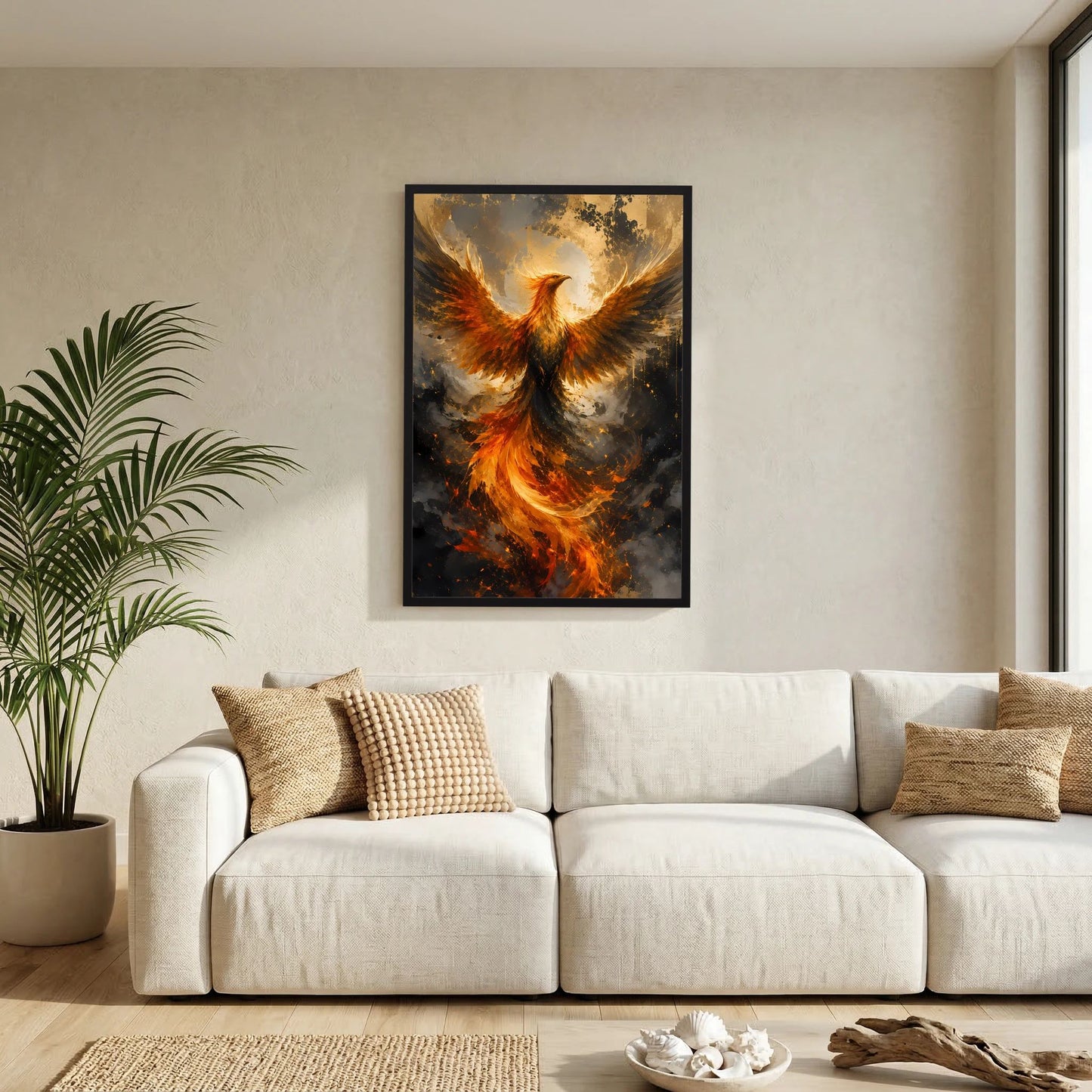 Gerahmtes Poster mit Phönix in Flammen, gold-orange Flügel und Lichtkreis
