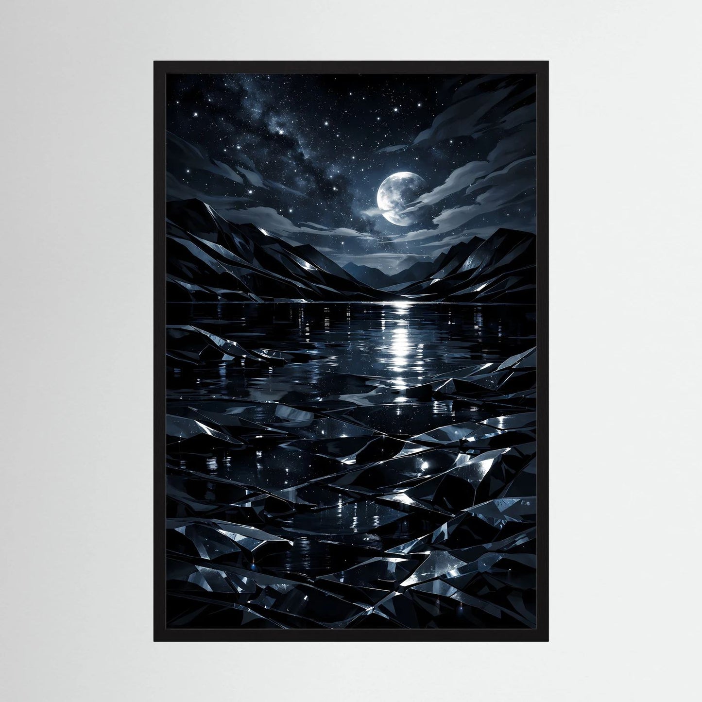 Gerahmtes Hochformat-Poster mit dunkler Berglandschaft, Mond über spiegelndem Wasser und Sternenhimmel