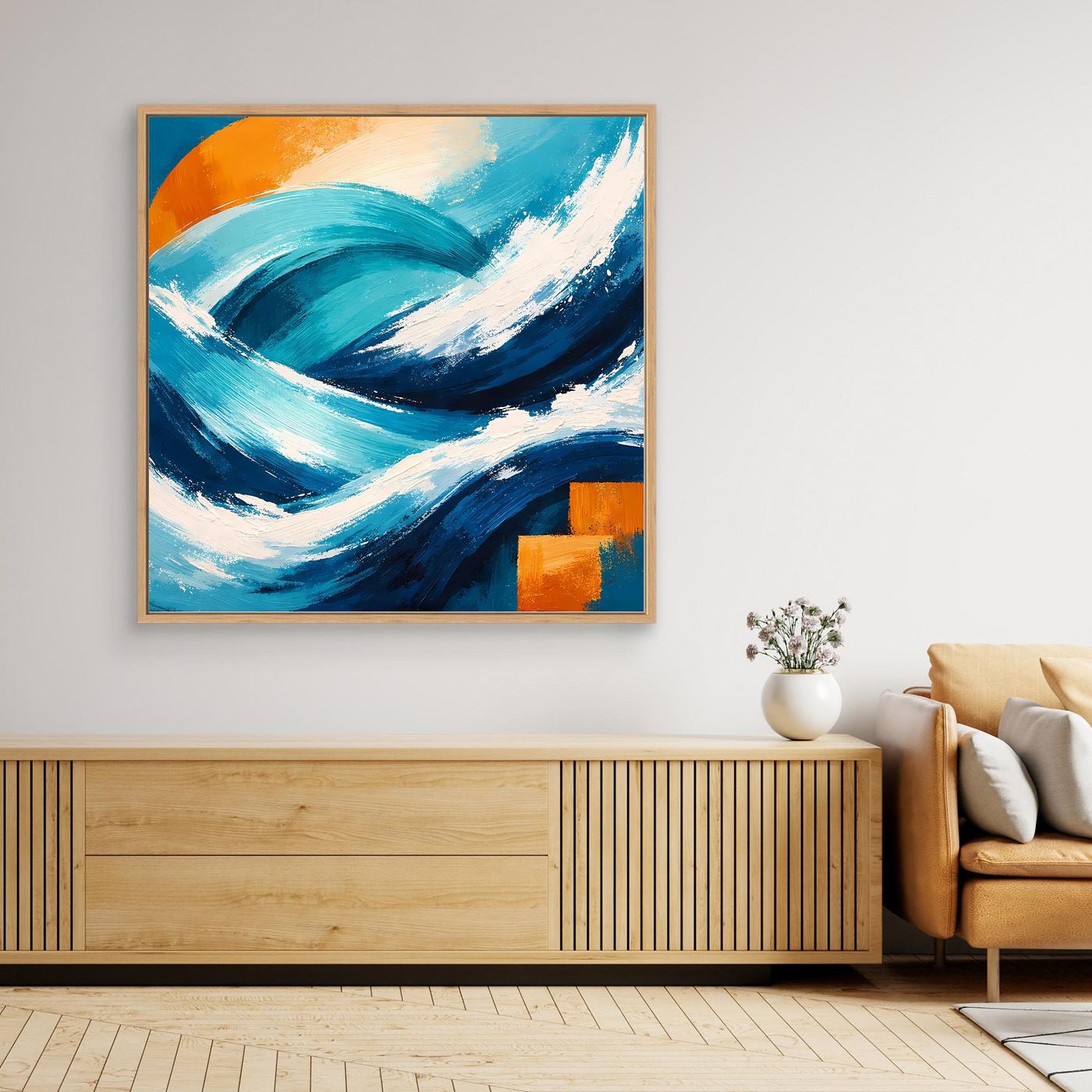 Leinwandbild mit abstrakten Meereswellen in Blau, Türkis und Orange, orange-gold gerahmt.