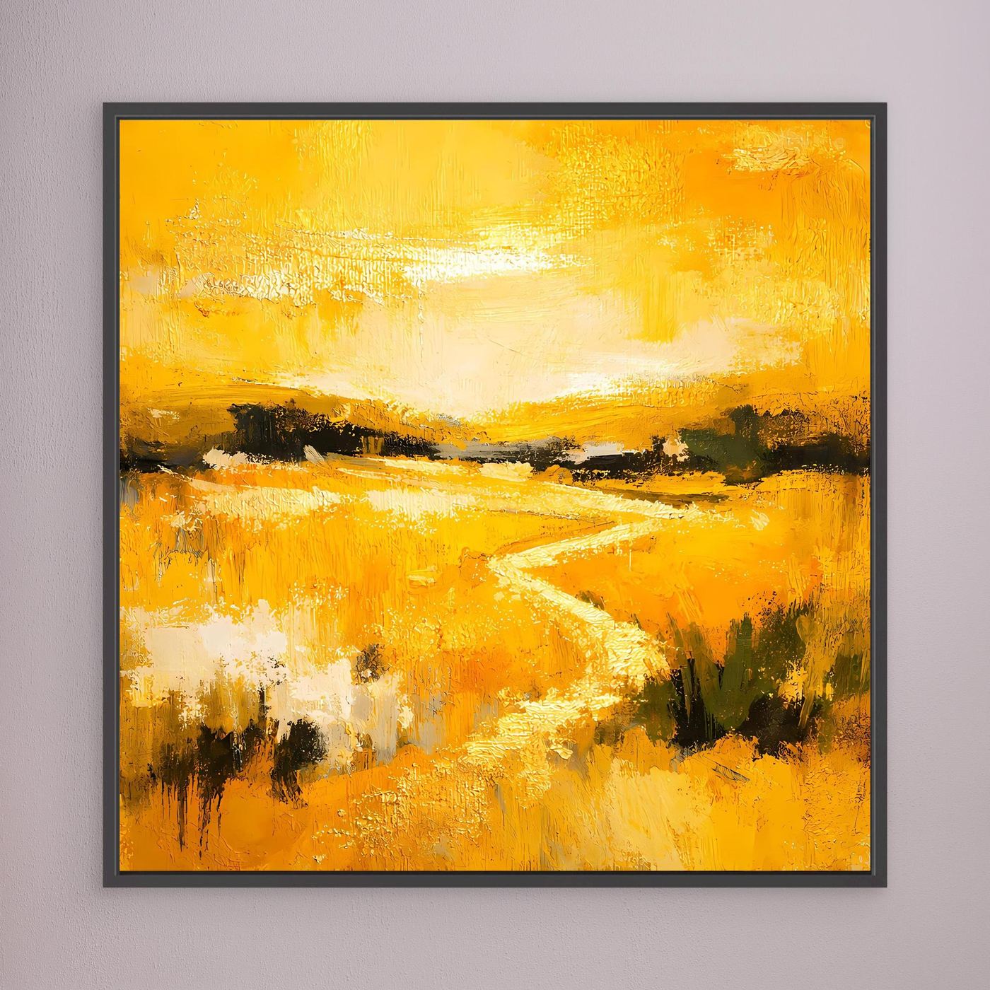 Leinwand Abstraktes Landschaftsgemälde in Gelb und Gold | Modernes Natur Wandbild mit Fluss