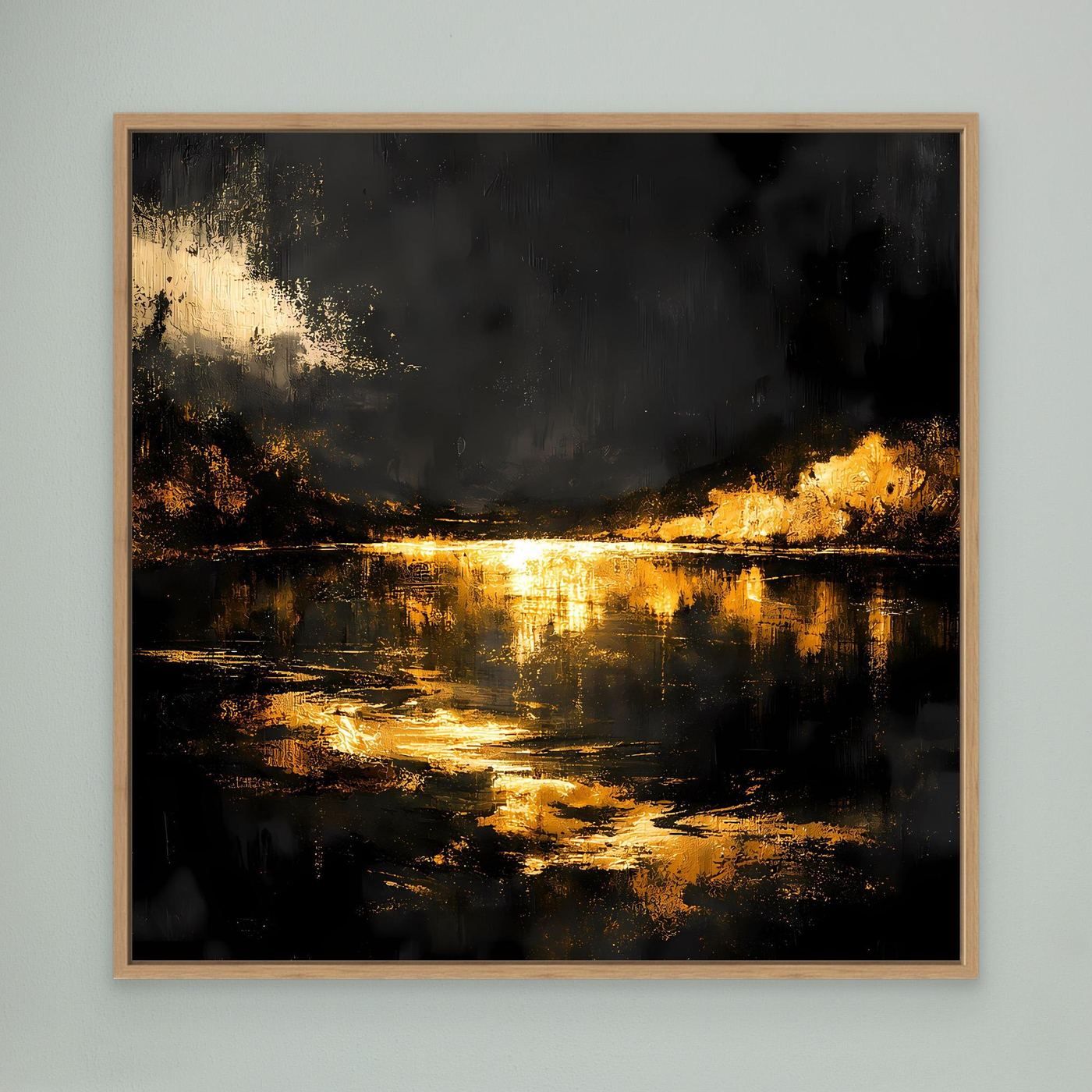 Leinwand Goldene Flusslandschaft bei Nacht | Abstraktes Natur Wandbild Moderne Kunst