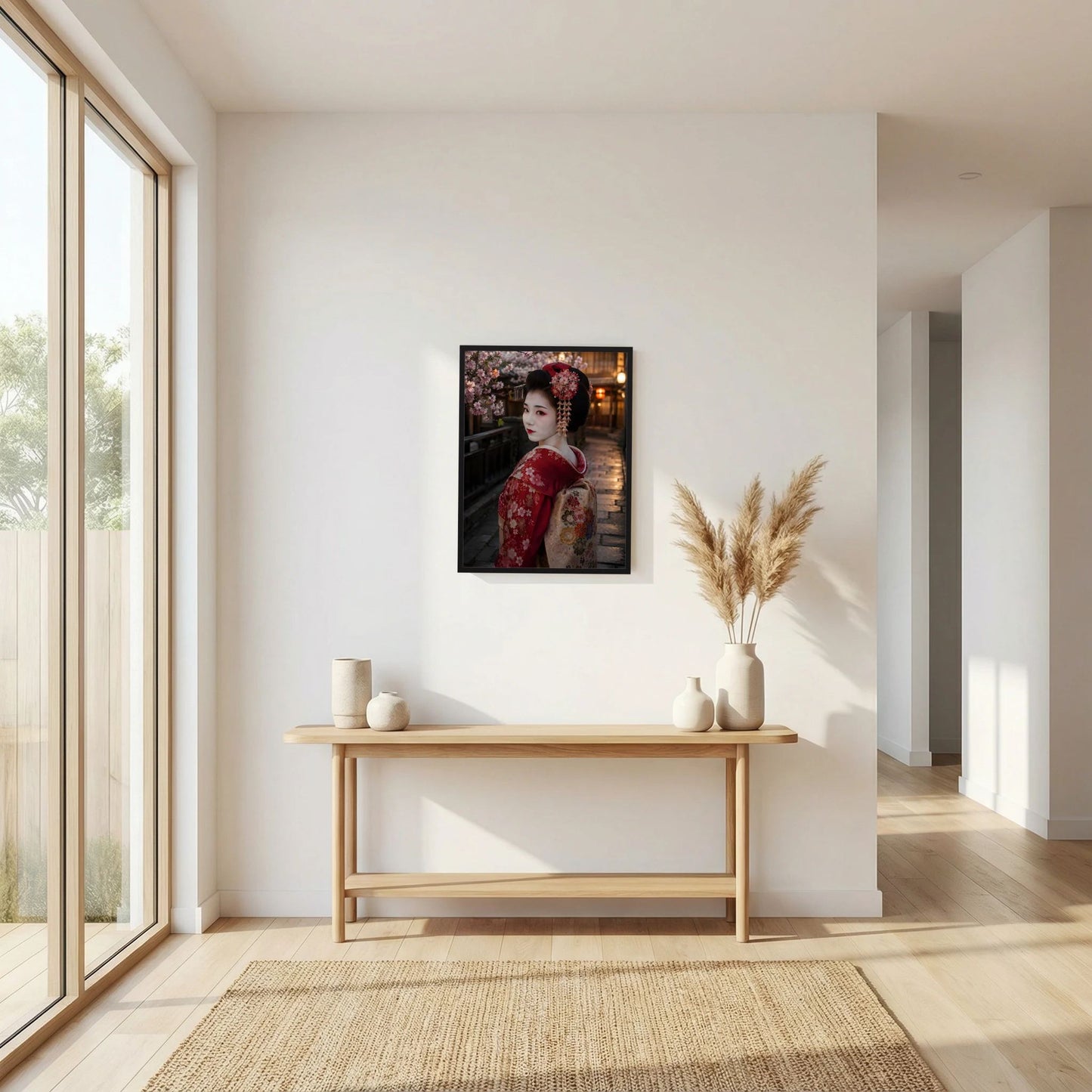 Wandposter im Hochformat mit Geisha im roten Kimono und Kirschblüten, schwarzer Rahmen