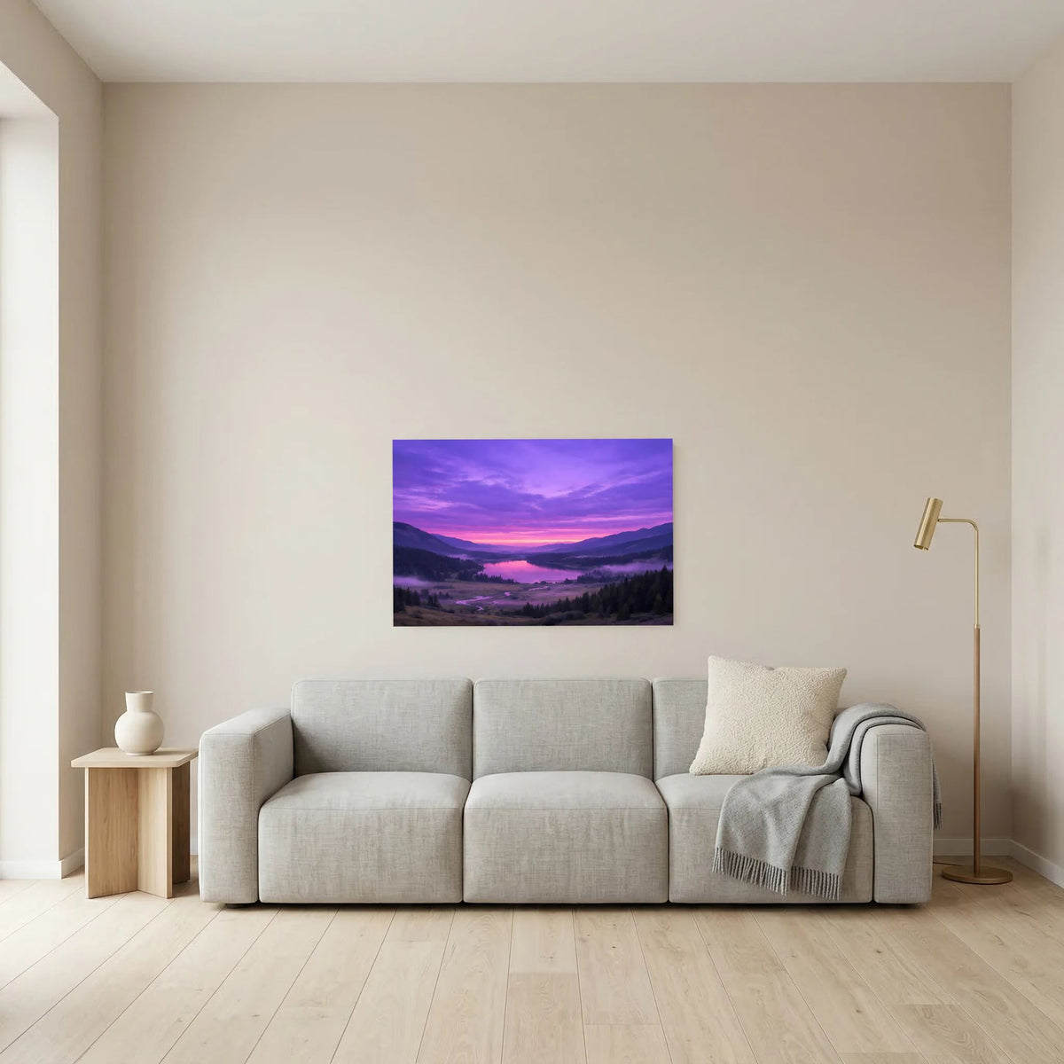 Wandposter im Querformat mit Sonnenuntergang über Tal, Fluss und Waldhängen