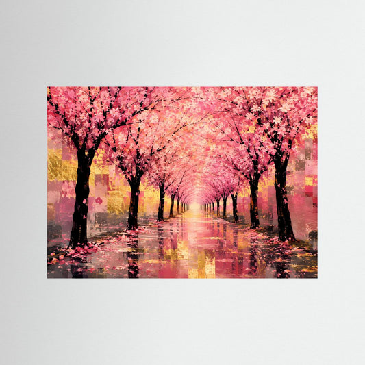 Unge­rahmtes Kunstposter mit Kirschblütenallee, rosa Bäumen und Spiegelung im Wasser